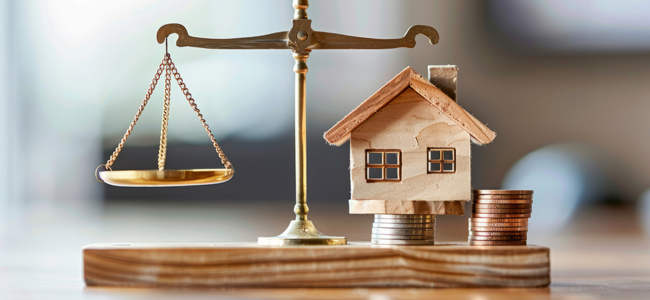 balance scale with a house on one side and coins on the other, highlighting the financial considerations of property investment