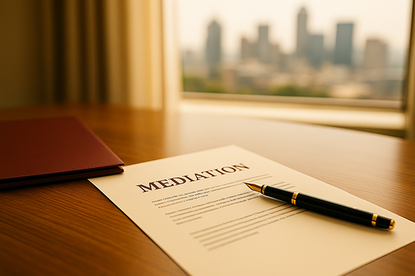 Commercial Dispute Resolution – Hugh Raichlin Attorneys Polished desk with legal documents, gold pen, and burgundy folder in a Johannesburg office, symbolising mediation and dispute resolution