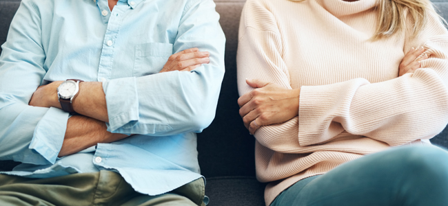 Divorce: What is Forfeiture of Benefits and When is it Ordered? divorce, fail and couple fight due to marriage problem, angry at home about family law and with conflict in a lounge. anger, sad and people or partner frustrated due to infertility on a sofa